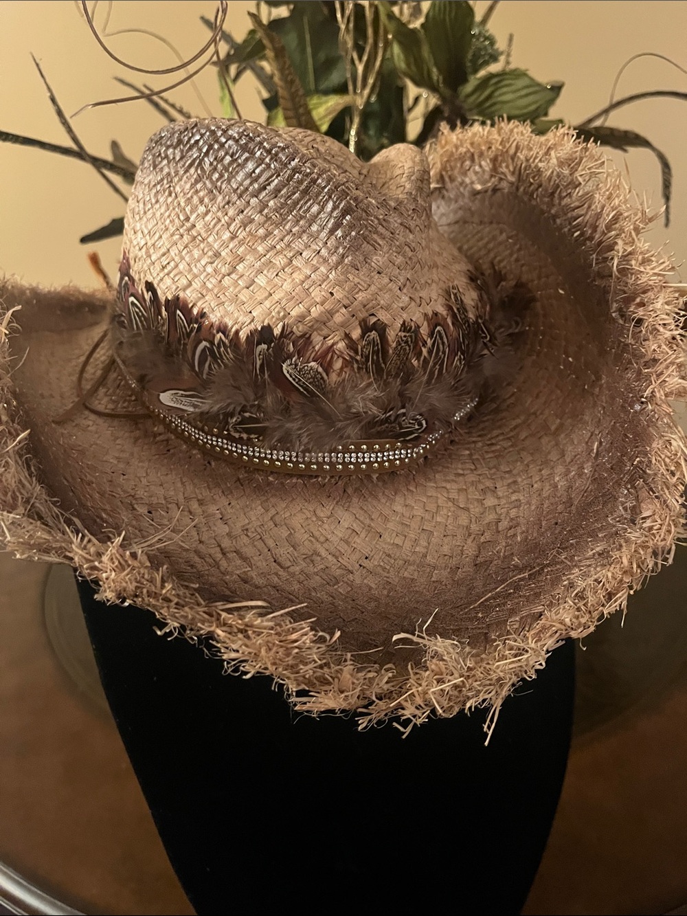 Straw Cowboy Hat with Feather Trim - Tan - Picture 3 of 4